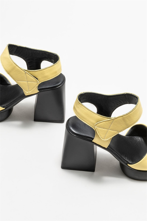 Sarı deri topuklu kadın sandalet - Elle Shoes