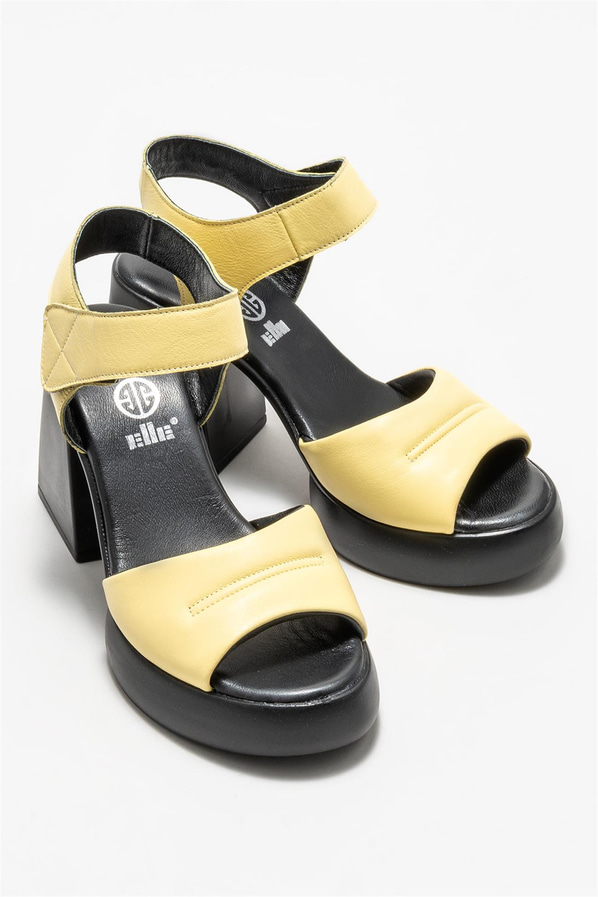 Sarı deri topuklu kadın sandalet - Elle Shoes