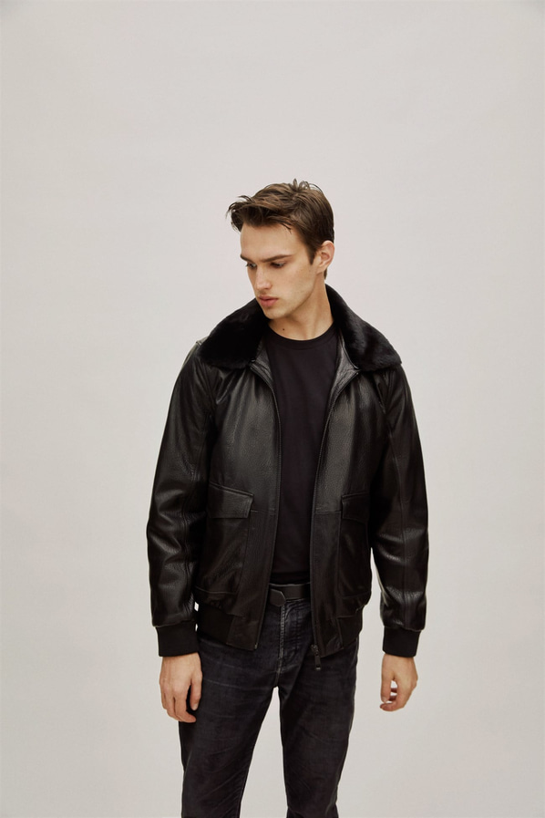 Siyah deri erkek bomber ceket - Elle Shoes