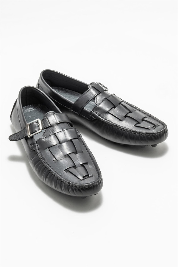Siyah deri erkek loafer, günlük kullanım için - Elle Shoes
