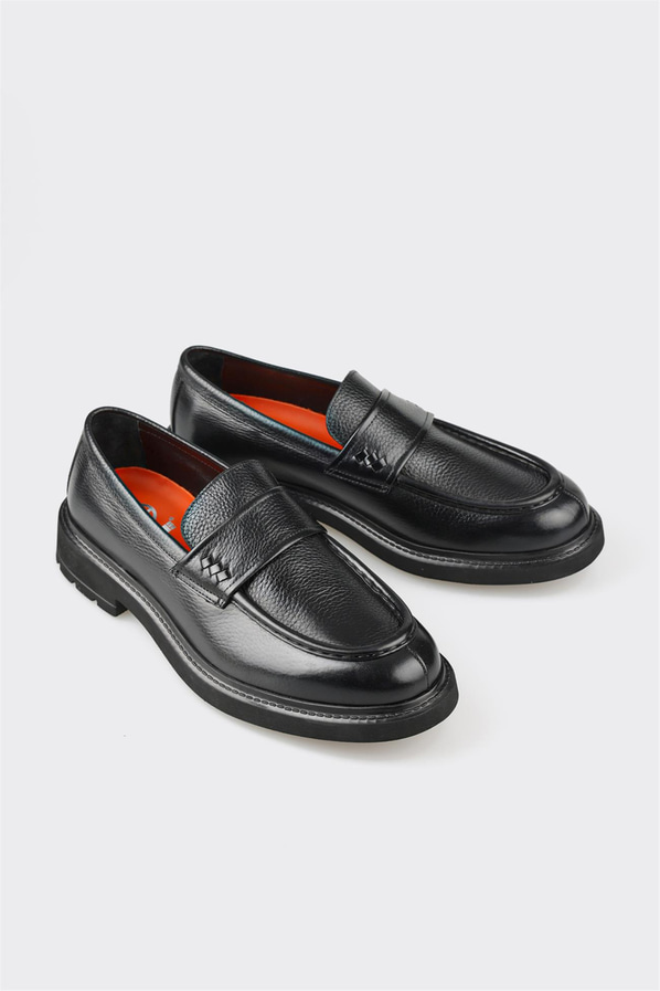 Siyah deri simli yumuşak dokulu erkek loafer, ofis stili için - Elle Shoes