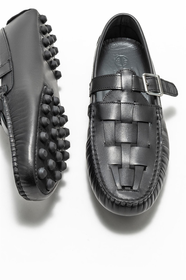 Siyah deri erkek loafer, günlük kullanım için - Elle Shoes