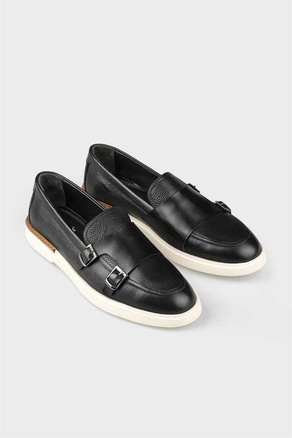Siyah deri erkek loafer, günlük kullanım için - Elle Shoes