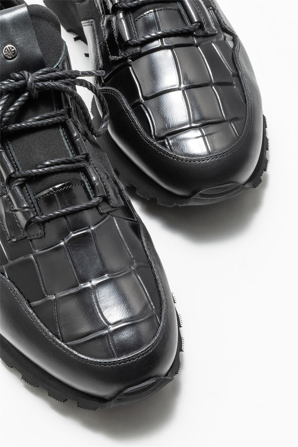 Siyah deri ve tekstil erkek günlük ayakkabı, rahat kullanım için - Elle Shoes