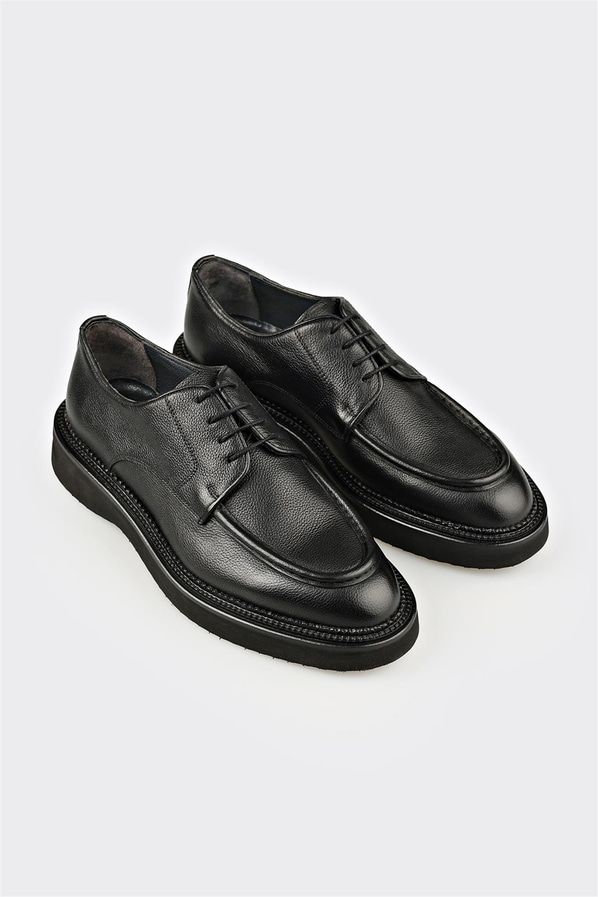 Siyah deri bağcıklı düz erkek günlük ayakkabı, rahat kullanım için - Elle Shoes
