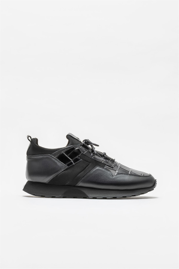 Siyah deri ve tekstil erkek günlük ayakkabı, rahat kullanım için - Elle Shoes