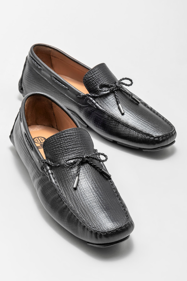 Siyah deri erkek loafer, günlük kullanım için - Elle Shoes