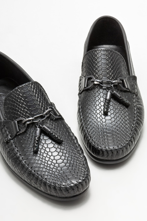 Siyah deri erkek loafer, günlük kullanım için - Elle Shoes