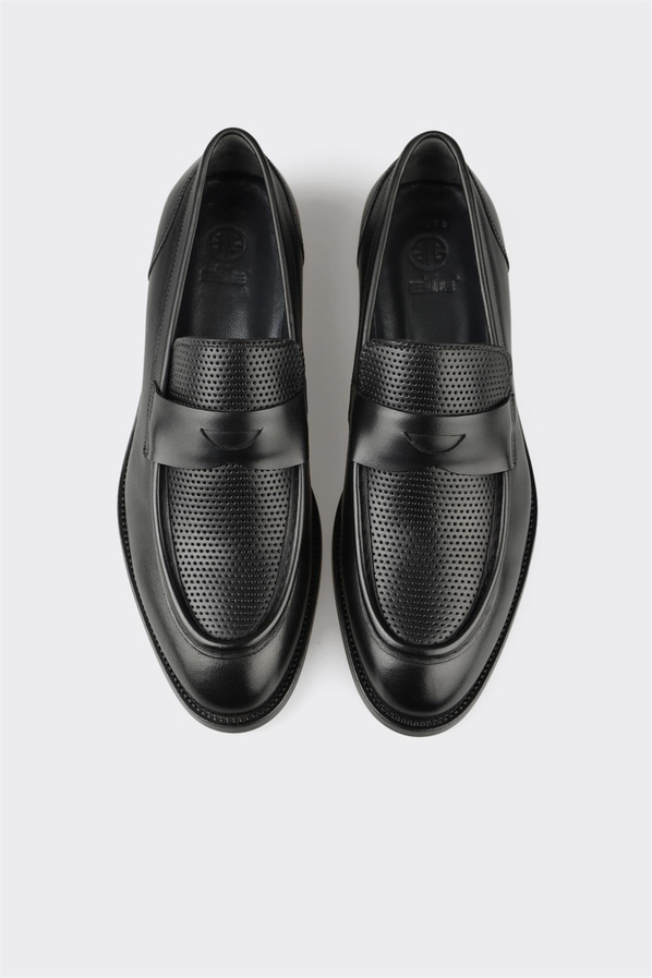 Siyah deri erkek loafer, ofis stili için - Elle Shoes