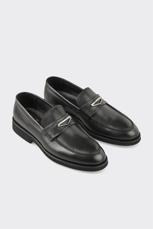 Siyah deri erkek loafer, klasik stil için - Elle Shoes