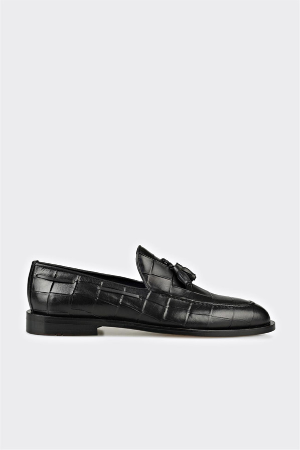 Siyah deri püsküllü kroko dokulu erkek loafer, klasik stil için - Elle Shoes