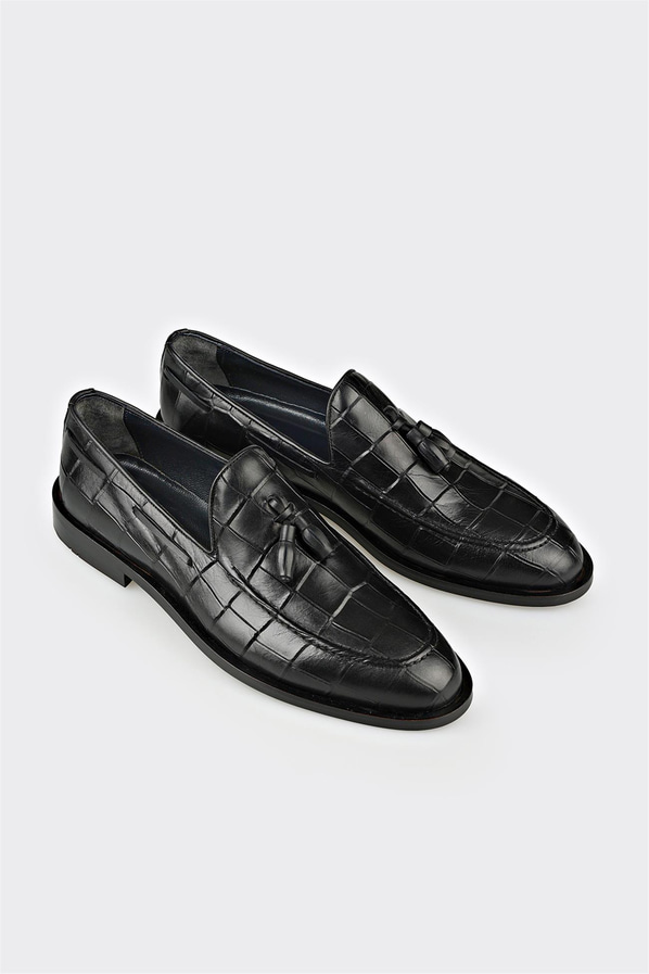 Siyah deri püsküllü kroko dokulu erkek loafer, klasik stil için - Elle Shoes