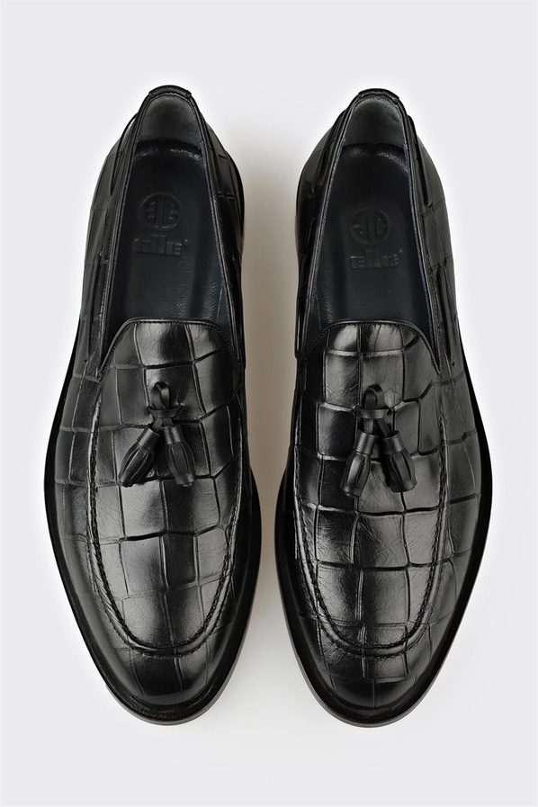 Siyah deri püsküllü kroko dokulu erkek loafer, klasik stil için - Elle Shoes