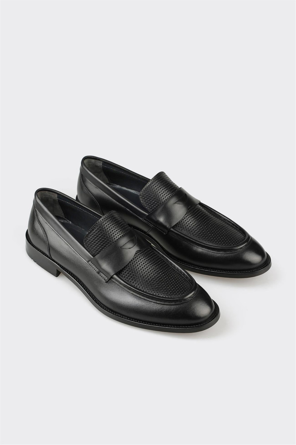 Siyah deri erkek loafer, ofis stili için - Elle Shoes