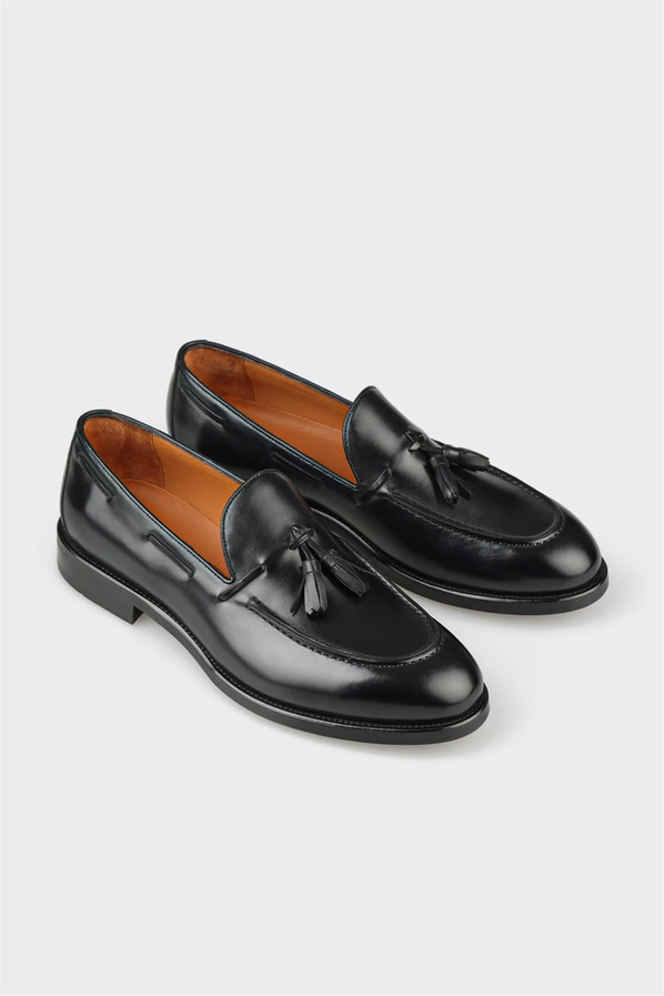 Siyah deri simli yumuşak dokulu erkek loafer, ofis stili için - Elle Shoes