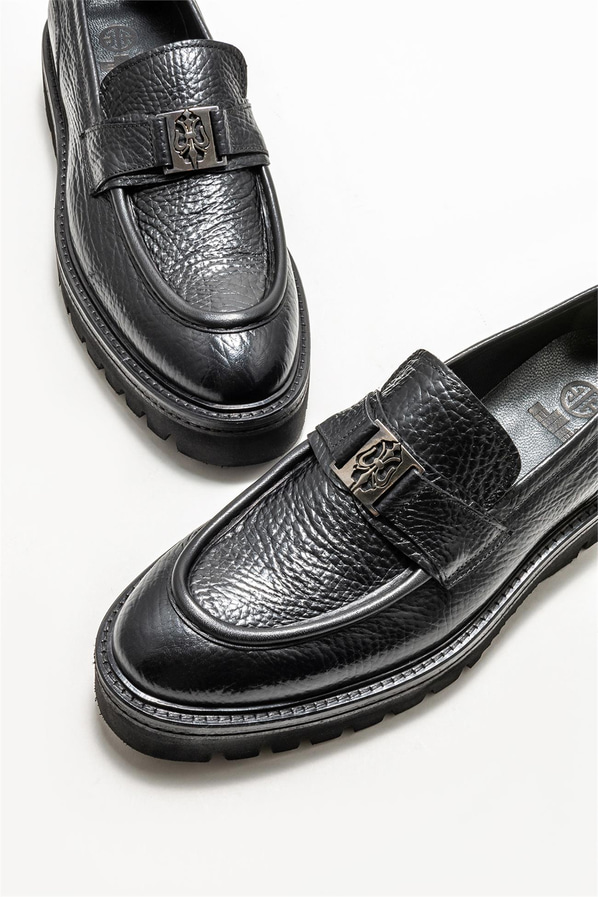 Siyah deri erkek loafer, klasik stil için - Elle Shoes
