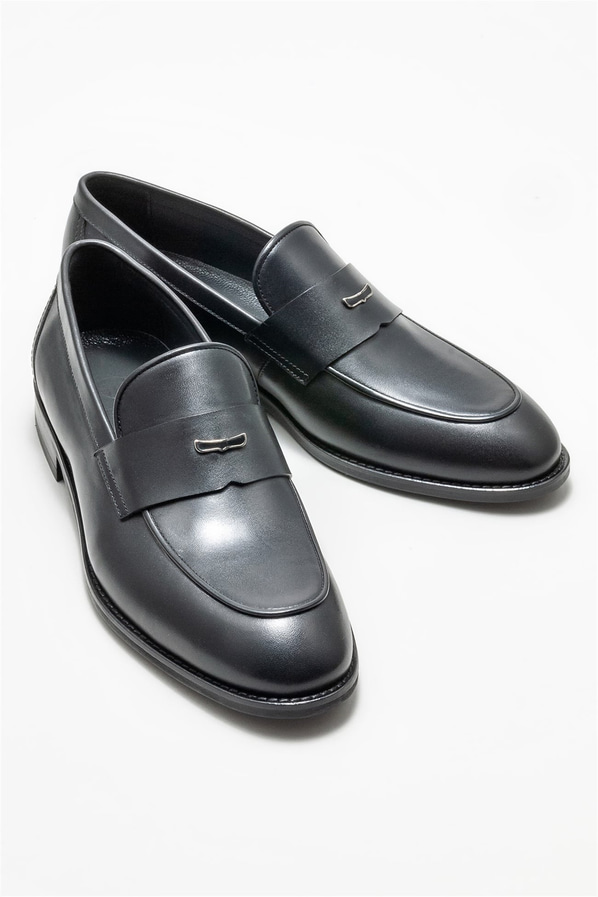 Siyah deri erkek loafer, klasik stil için - Elle Shoes