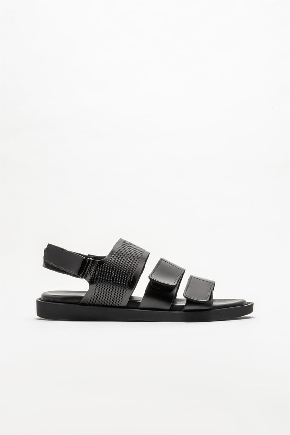 Siyah deri erkek sandalet - Elle Shoes