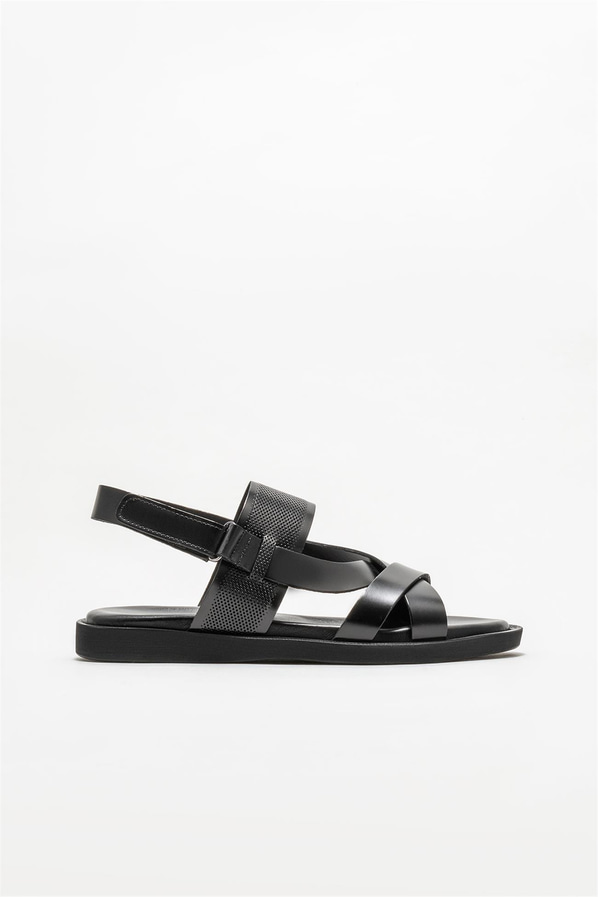 Siyah deri erkek sandalet - Elle Shoes