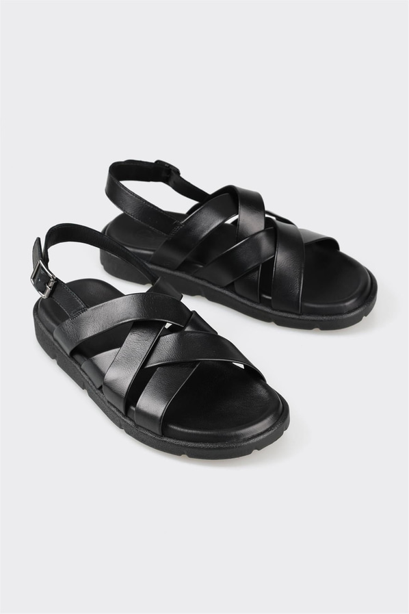 Siyah deri erkek sandalet - Elle Shoes