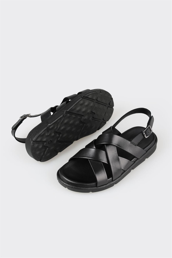 Siyah deri erkek sandalet - Elle Shoes