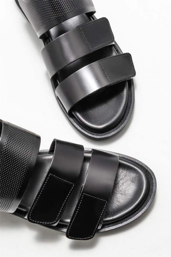 Siyah deri erkek sandalet - Elle Shoes
