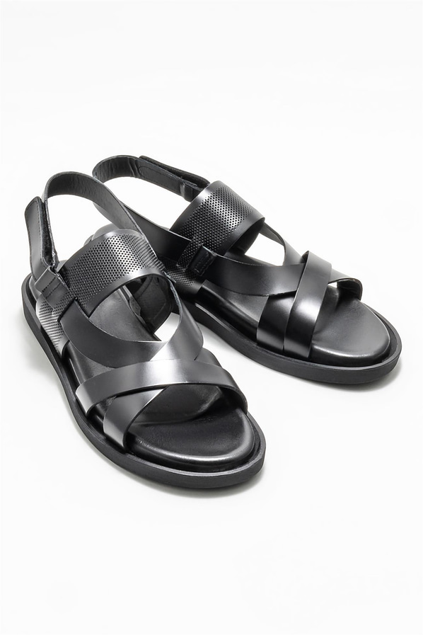 Siyah deri erkek sandalet - Elle Shoes