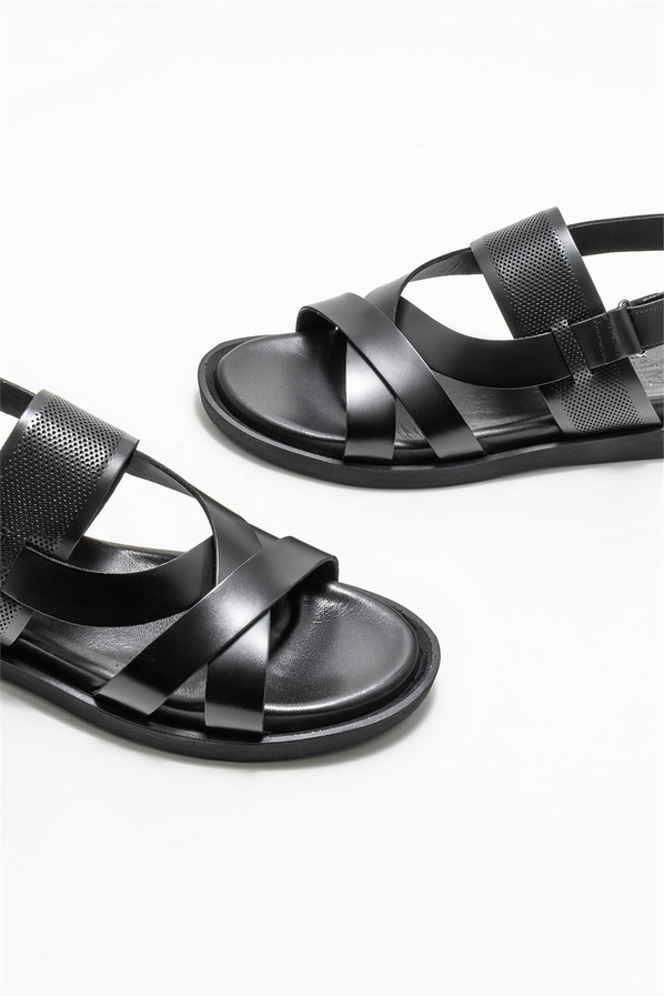 Siyah deri erkek sandalet - Elle Shoes