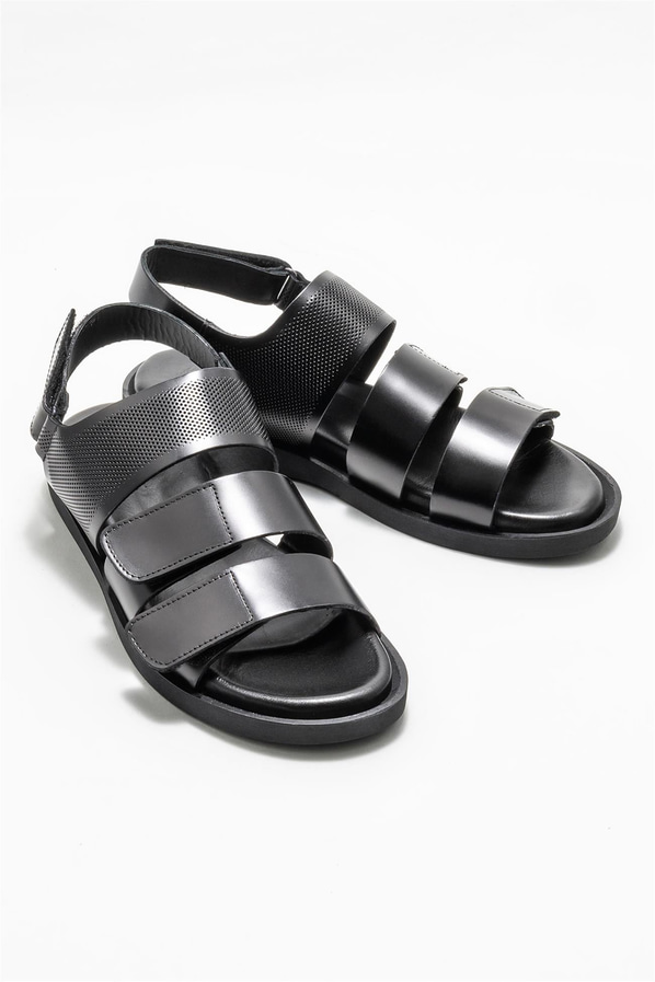 Siyah deri erkek sandalet - Elle Shoes