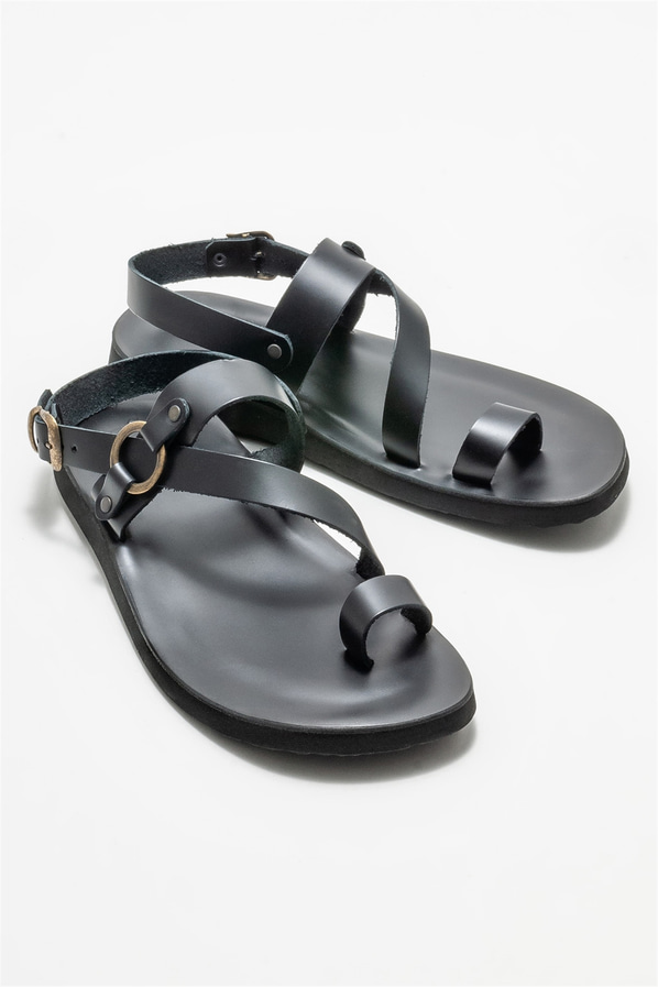 Siyah deri erkek sandalet - Elle Shoes