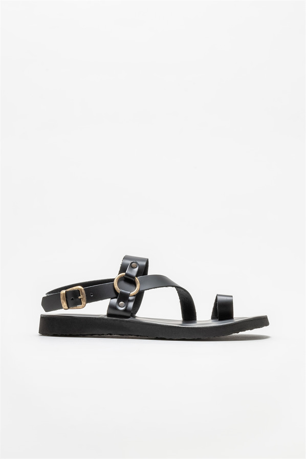 Siyah deri erkek sandalet - Elle Shoes