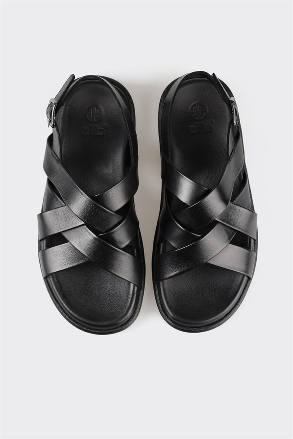Siyah deri erkek sandalet - Elle Shoes