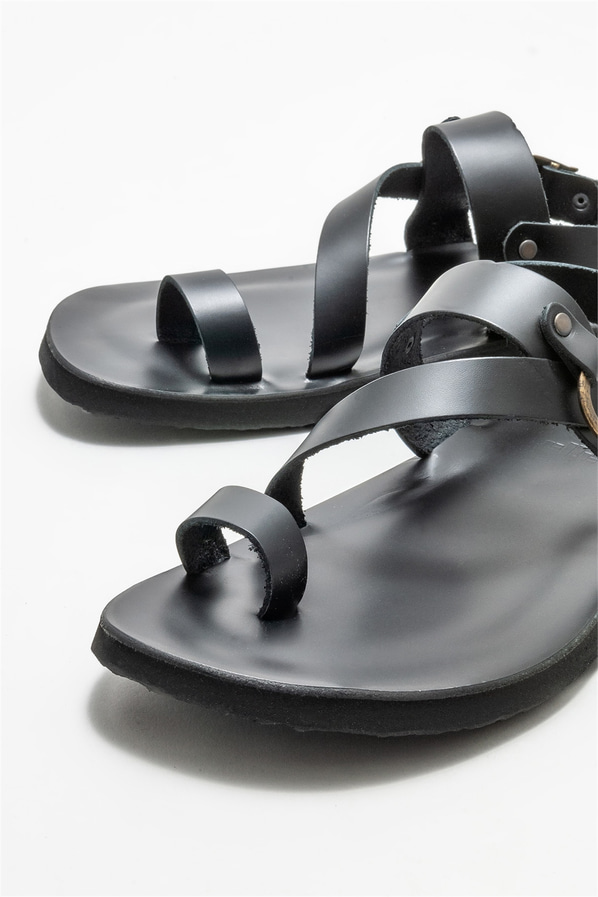 Siyah deri erkek sandalet - Elle Shoes