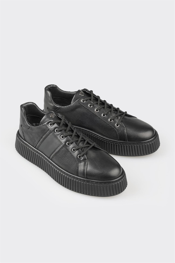 Siyah deri erkek spor ayakkabı, casual stil için - Elle Shoes