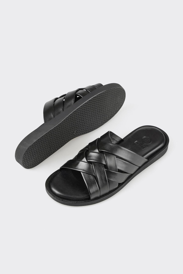 Siyah deri erkek terlik - Elle Shoes