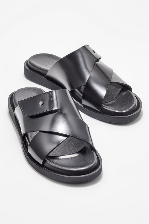 Siyah deri erkek terlik - Elle Shoes
