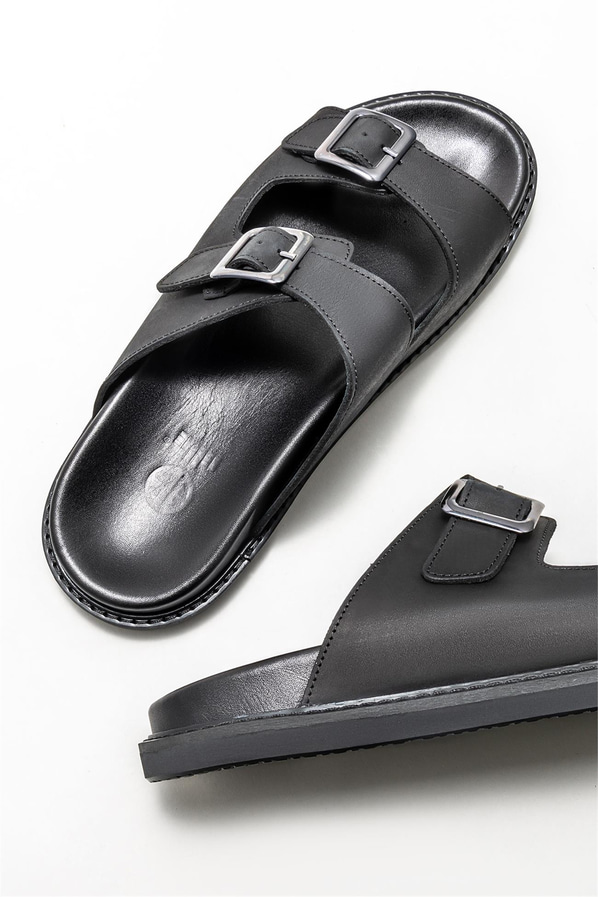 Siyah deri erkek terlik - Elle Shoes