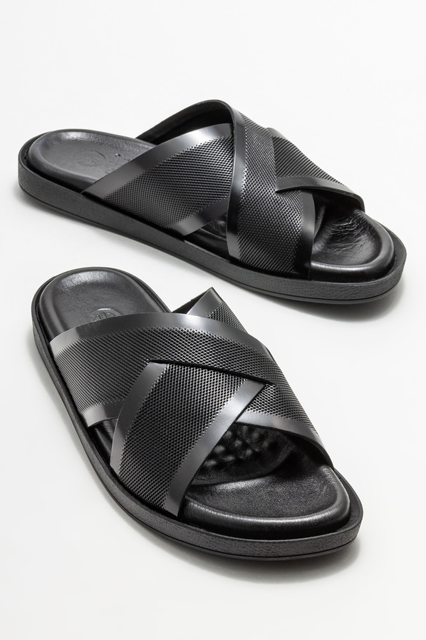 Siyah deri erkek terlik - Elle Shoes