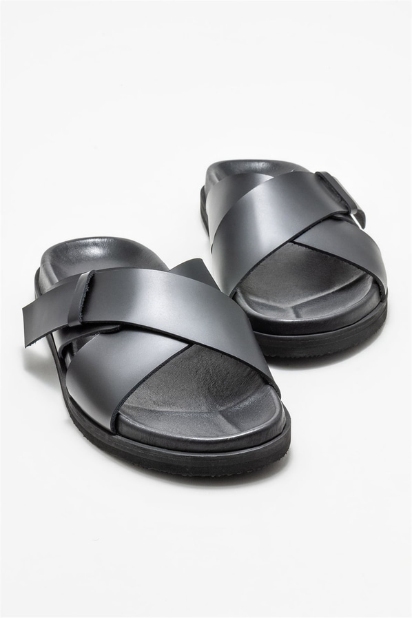 Siyah deri erkek terlik - Elle Shoes