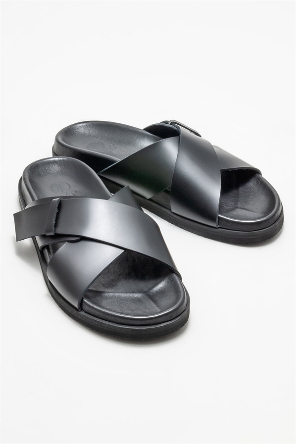 Siyah deri erkek terlik - Elle Shoes