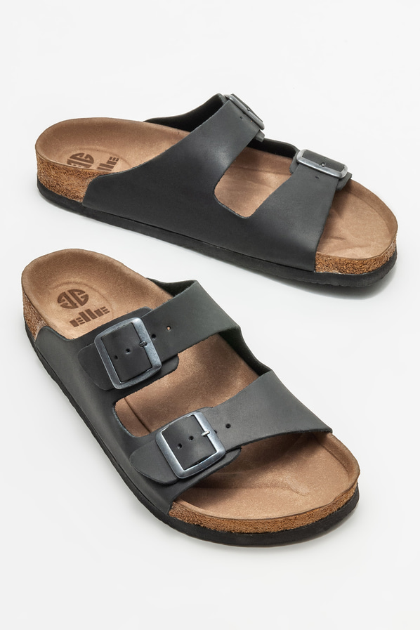 Siyah deri tokalı erkek terlik, rahat kullanım için - Elle Shoes