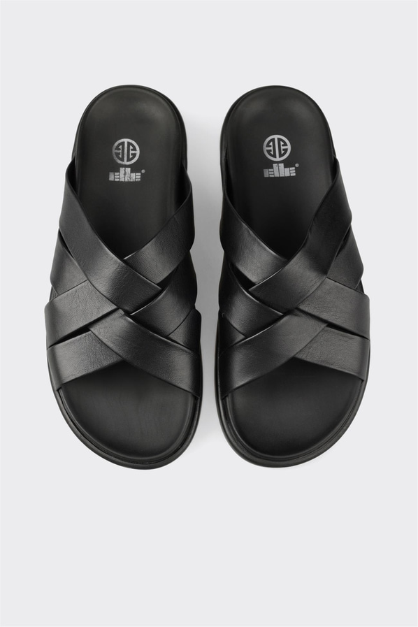 Siyah deri yumuşak dokulu örgü erkek terlik, rahat kullanım için - Elle Shoes