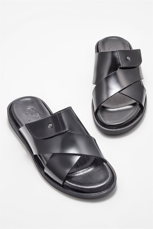 Siyah deri erkek terlik - Elle Shoes