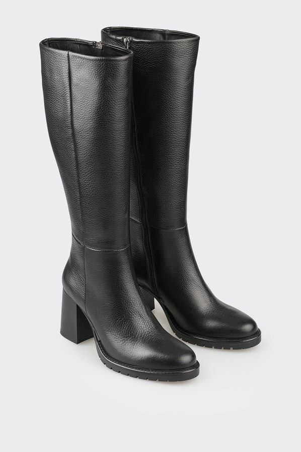 Siyah deri ve süet topuklu kadın çizme, ofis stili için - Elle Shoes
