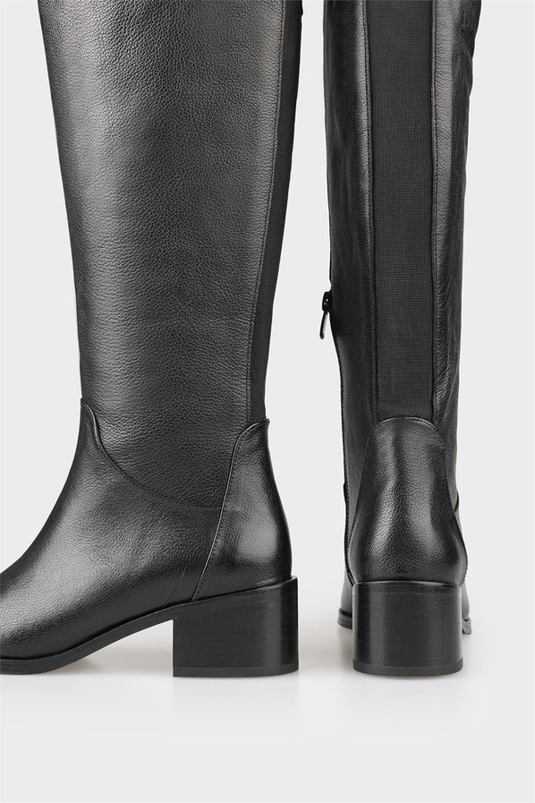 Siyah deri topuklu kadın çizme - Elle Shoes