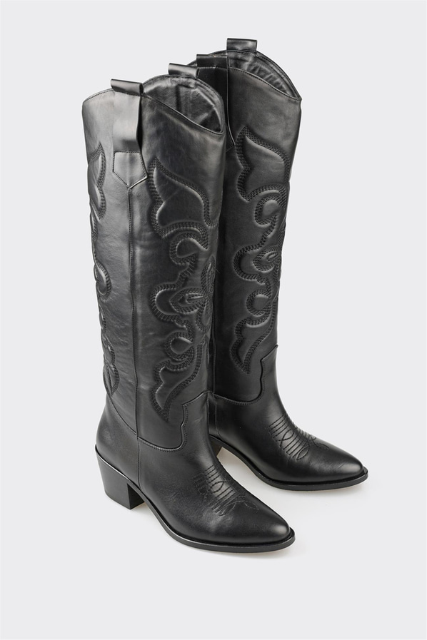 Siyah deri kadın çizme - Elle Shoes