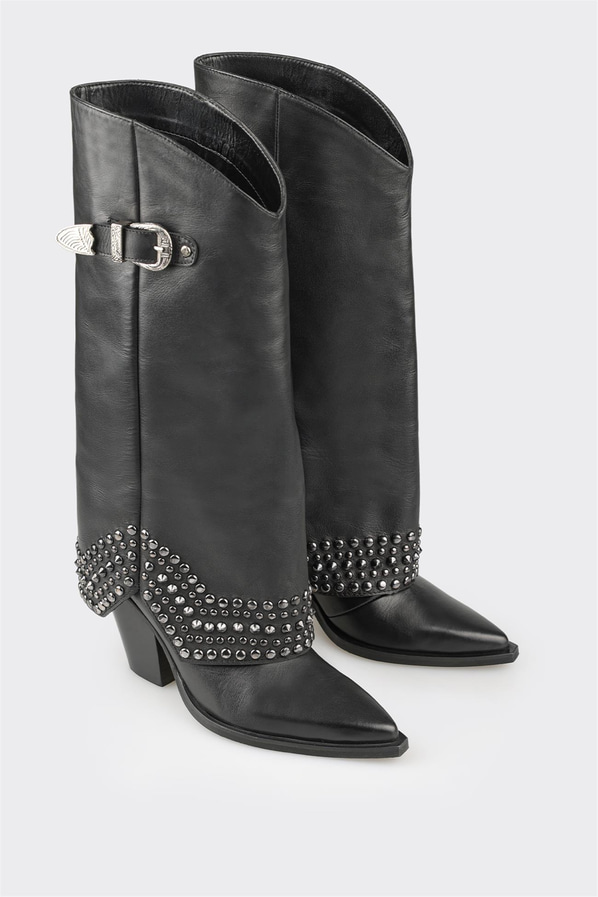 Siyah deri kadın çizme - Elle Shoes