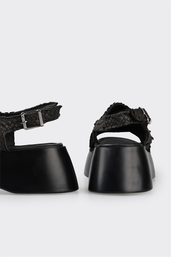 Siyah deri dolgu topuklu kadın sandalet - Elle Shoes