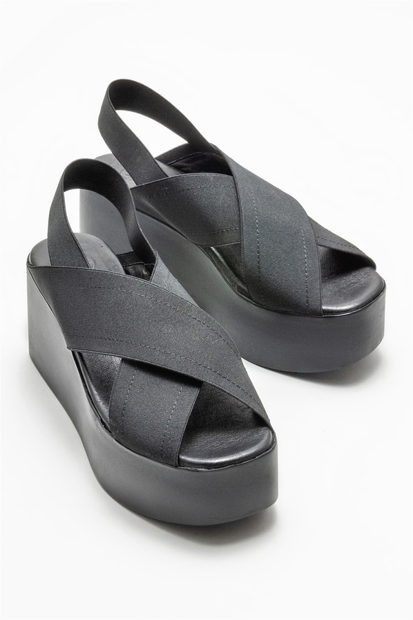 Siyah deri dolgu topuklu kadın sandalet - Elle Shoes