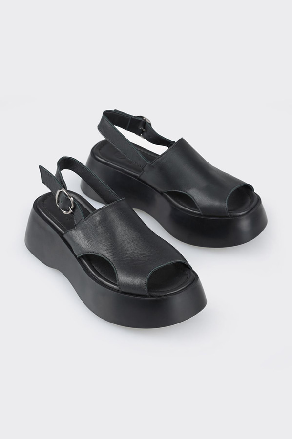Siyah deri dolgu topuklu kadın sandalet - Elle Shoes